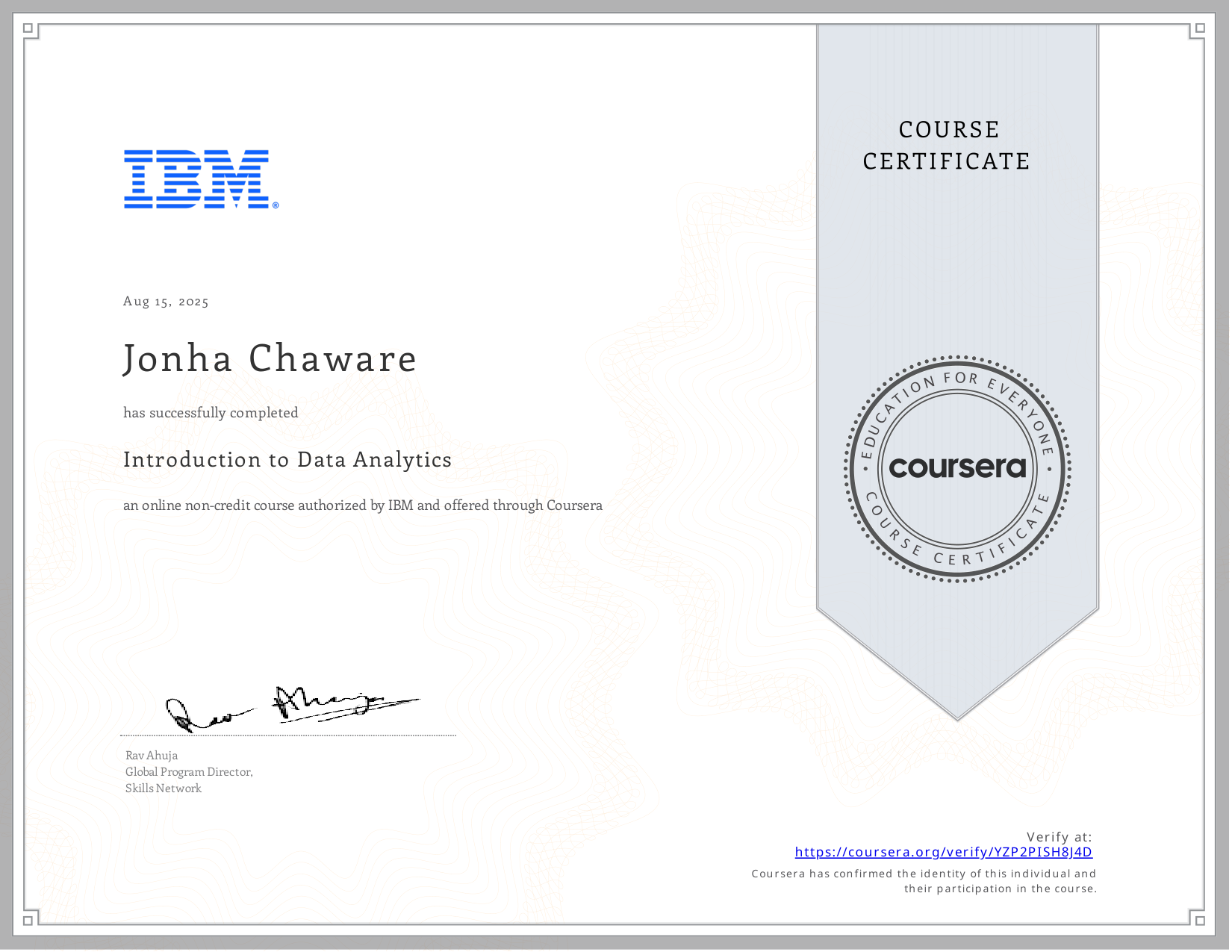 Coursera IBM Intro to Data Analytics certificate